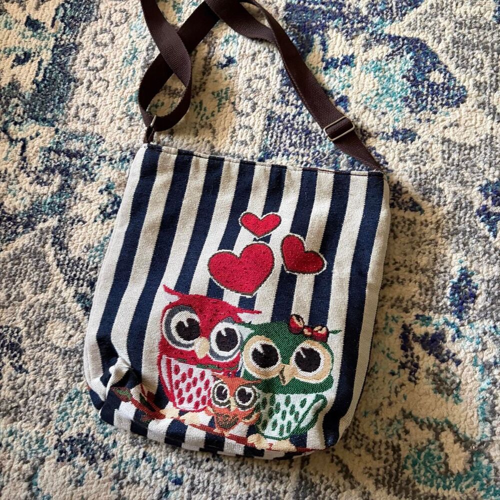 Owl Striped Canvas Crossbody Bag Blue White Whimsy Kawaii Heart Hearts Purse - Picture 3 of 8